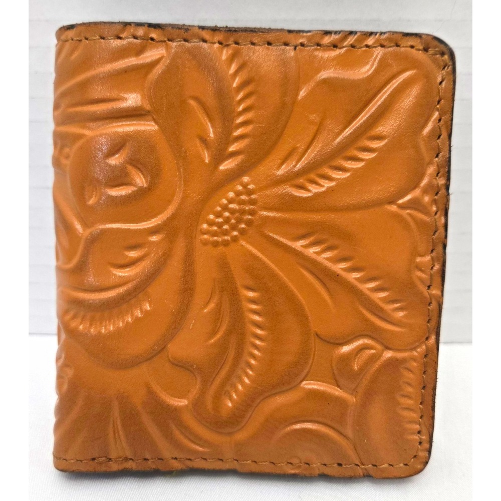 Patricia Nash Tan Tooled Leather Bifold Compact Wallet Sunflower ID Window EUC